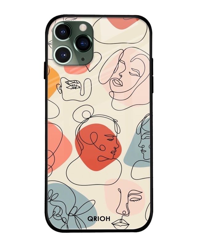 Shop Abstract Faces Printed Premium Glass Cover For iPhone 11 Pro Max (Impact Resistant, Matte Finish)-Front
