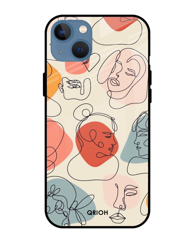 Shop Abstract Faces Printed Premium Glass Cover For iPhone 13 mini (Impact Resistant, Matte Finish)-Front