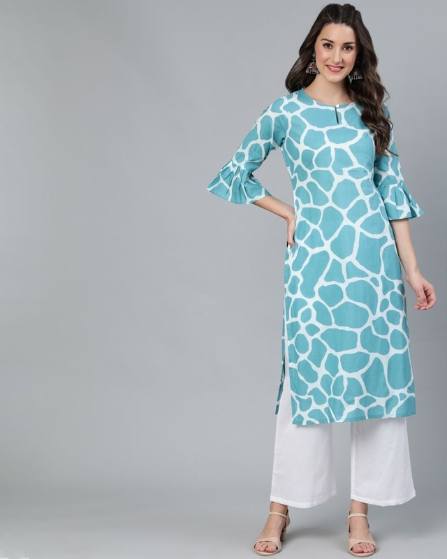 Shop AKS Blue Animal Printed Straight Kurta-Front