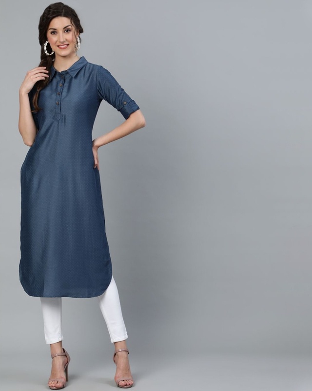 Shop AKS Blue Chinnon Silk Self Design Pathani Kurta-Front
