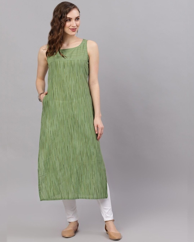 Shop AKS Green Woven Design Straight Kurta-Front