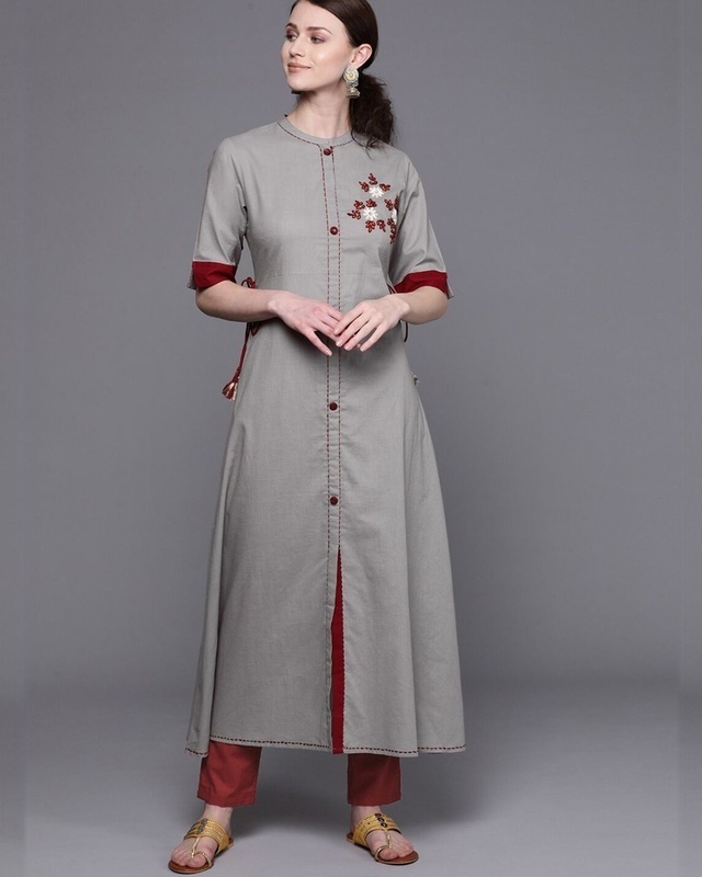 Shop AKS Grey embroidered A-line kurta-Front