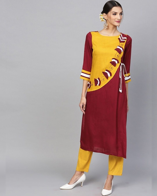 Shop AKS Maroon & yellow Embroidered Straight Kurta-Front