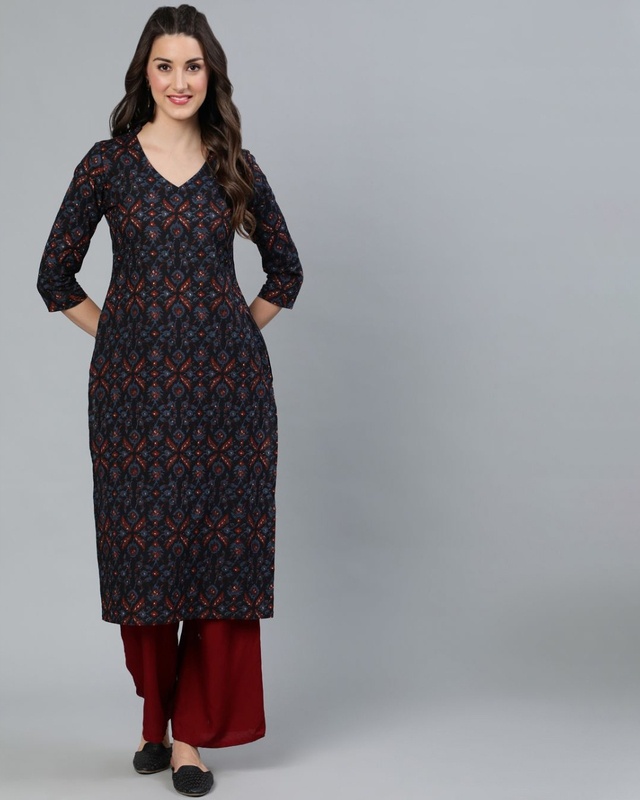 Shop AKS Navy Blue & Maroon Printed Straight Kurta-Front