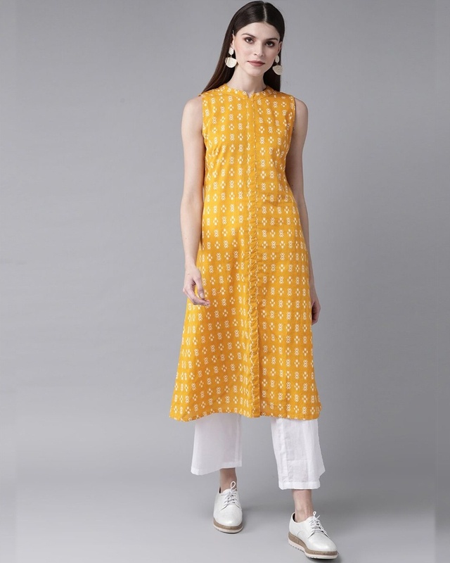 Shop AKS Yellow printed kurta-Front