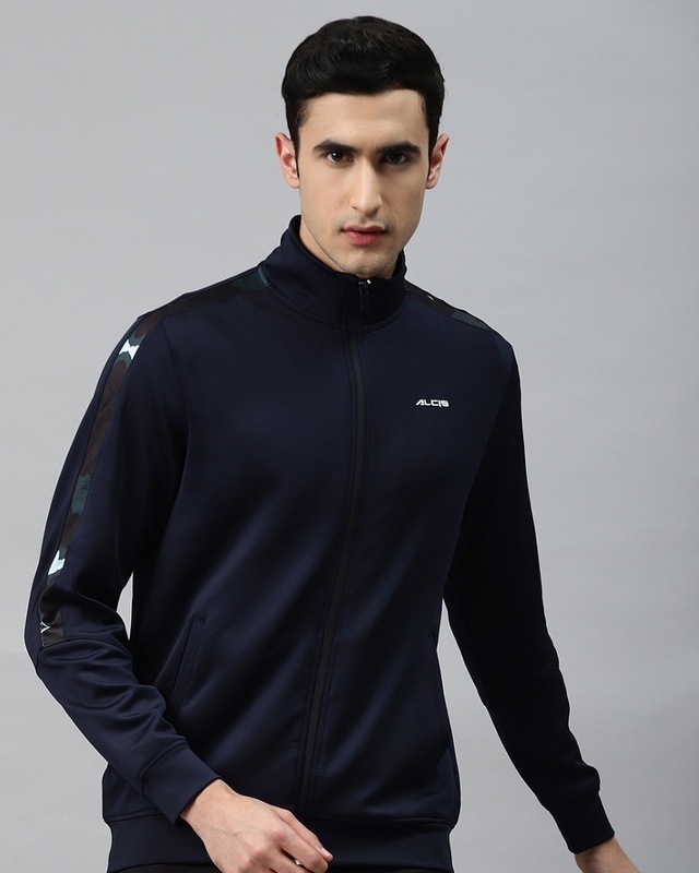 Shop Alcis Men's Navy Blue Printed Front-Open Slim Fit Sweatshirt-Front