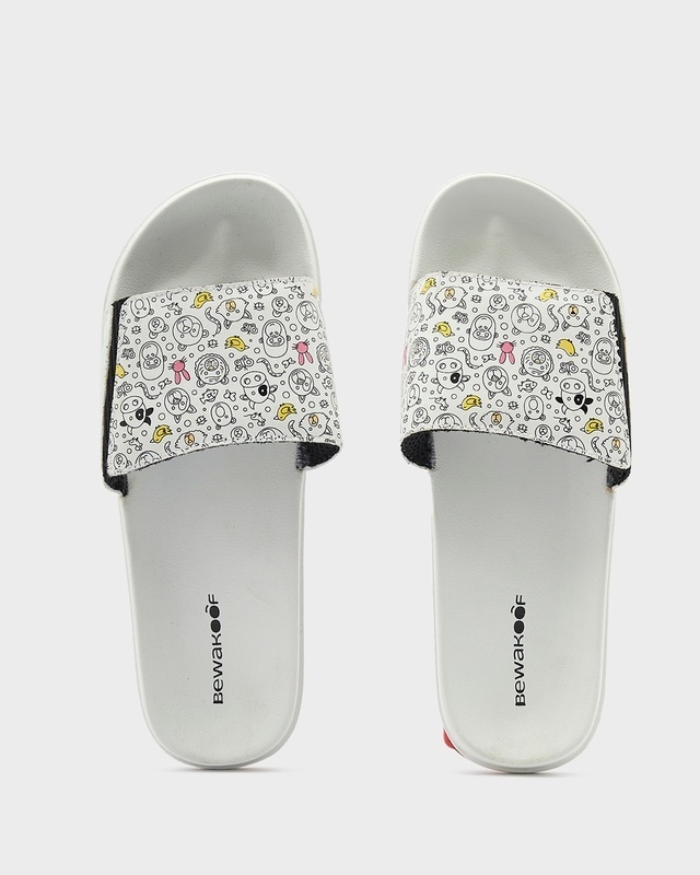 Shop Women's White Animal Doodles Printed Sliders-Front