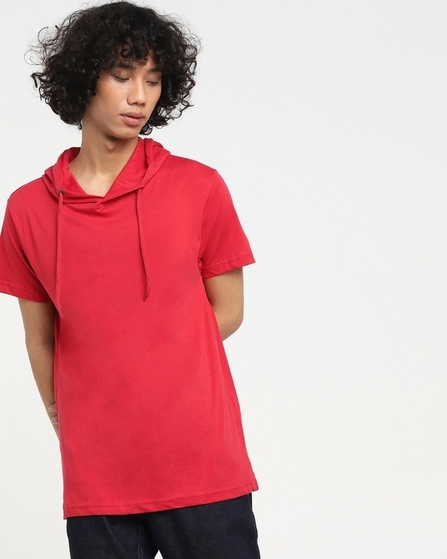 Shop Auro Red Half Sleeve Hoodie T-Shirt-Front