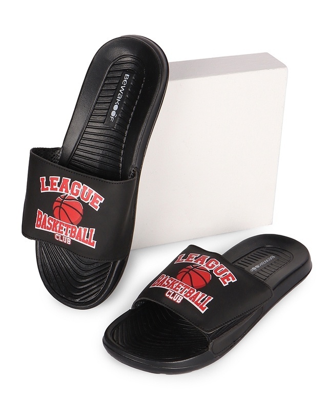 Shop Men's Black Basketball League Printed Sliders-Front