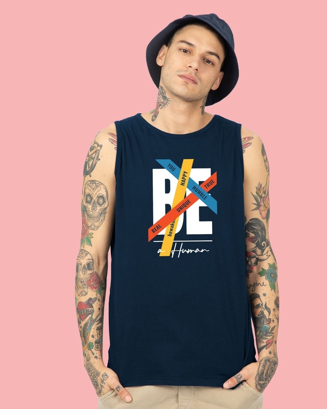 Shop Men's Blue Be A Human Typography Vest-Front