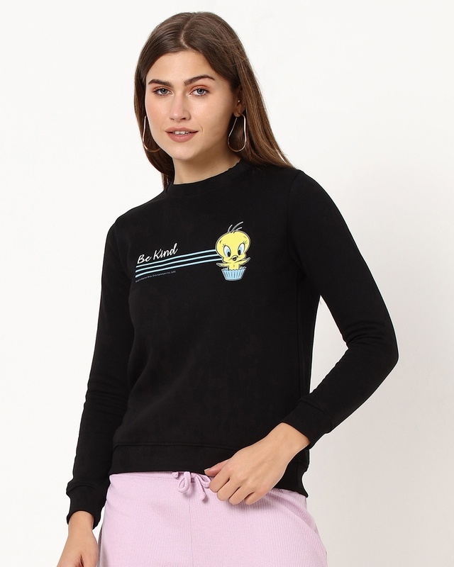 Shop Women's Black Be Kind Tweety (LTL) Graphic Printed Fleece Sweatshirt-Front