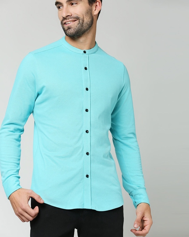 Shop Beach Blue Comfort Stretch Pique Shirt-Front