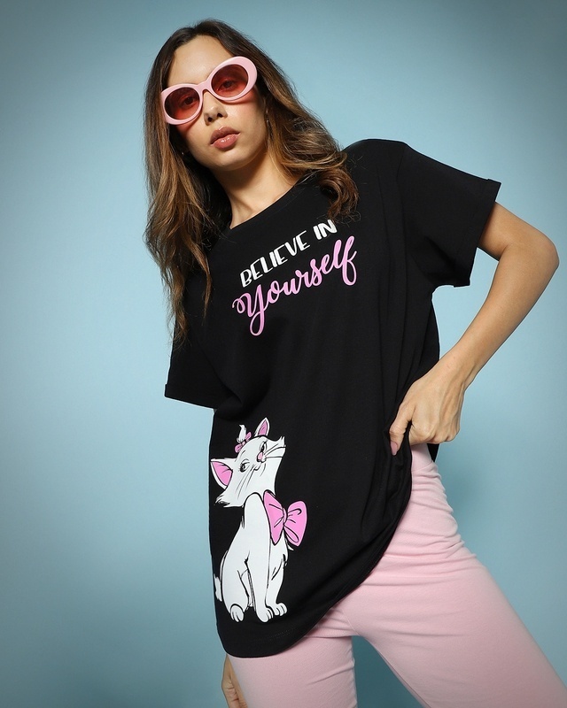 Shop Women's Black Believe Cat Graphic Printed Boyfriend T-shirt-Front