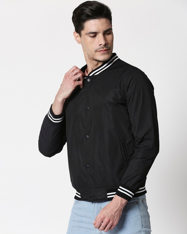 Shop Men's Black Varsity Bomber Jacket-Front