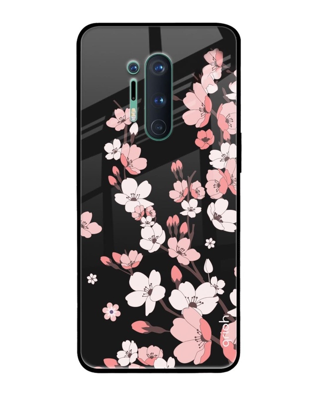 Shop Black Cherry Blossom Premium Glass Case for OnePlus 8 Pro (Shock Proof, Scratch Resistant)-Front