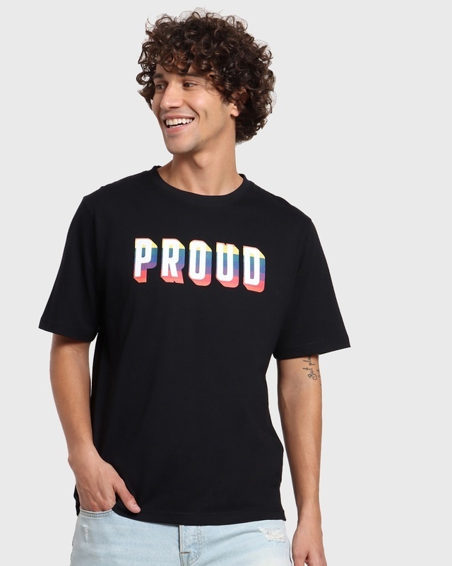 Shop Men's Black Proud Typography Super Loose Fit T-shirt-Front