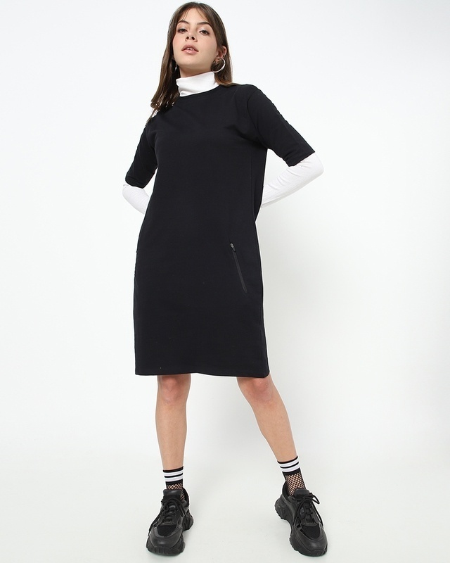 Shop Black Elbow Sleeve Pocket Dress-Front
