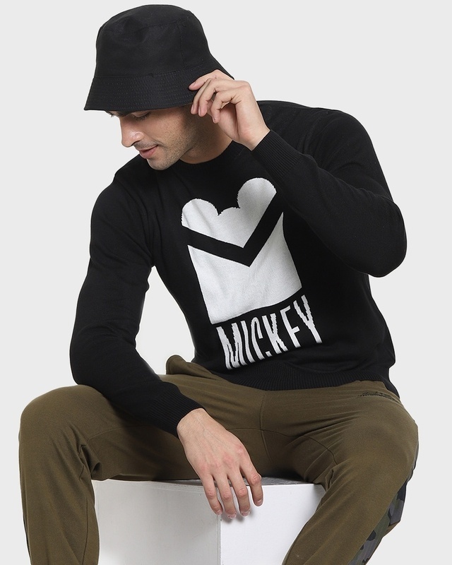 Shop Men's Black Mickey Typography Flat Knit Sweater-Front