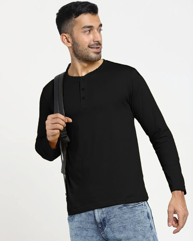 Shop Black Full Sleeve Henley T-shirt-Front