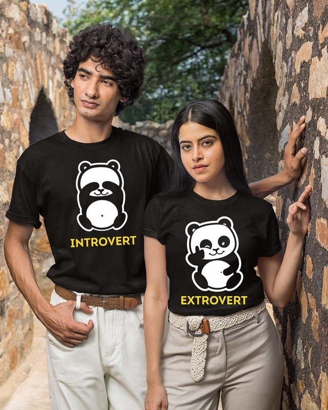 Shop Black Introvert and Extrovert Graphic Printed Cotton T-shirt (Pack of 2)-Front