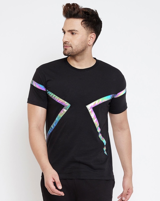 Shop Black Rainbow Reflective Taped T-Shirt-Front