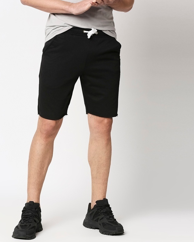 Shop Men's Black Raw Hem Shorts-Front