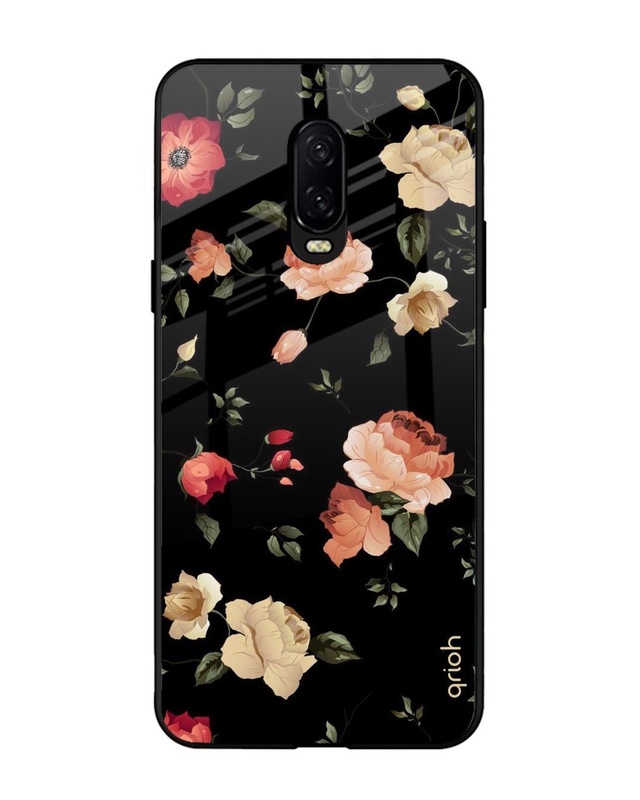 Shop Black Spring Floral Premium Glass Case for OnePlus 6T (Shock Proof, Scratch Resistant)-Front