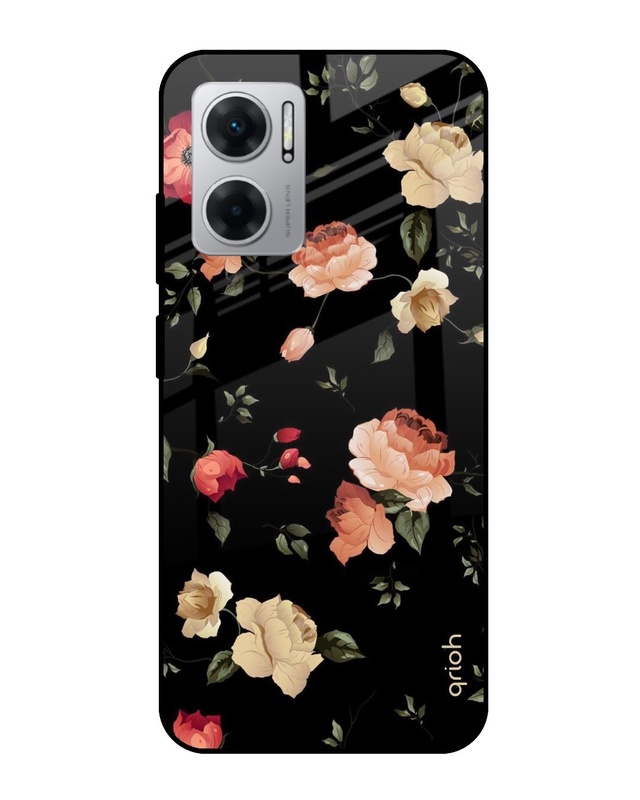 Shop Black Spring Floral Printed Premium Glass Case for Redmi 11 Prime 5G(Shock Proof,Scratch Resistant)-Front
