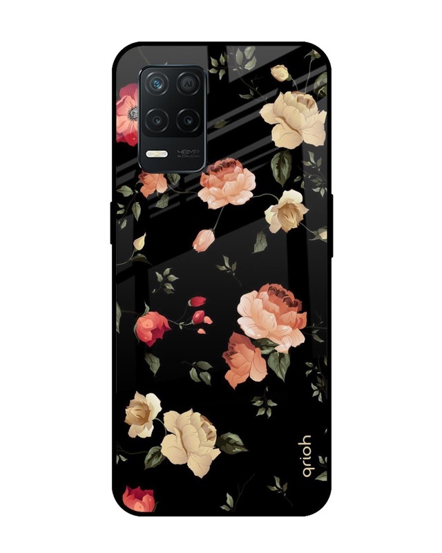 Shop Black Spring Floral Printed Premium Glass Cover for Realme 8 5G (Shock Proof, Scratch Resistant)-Front