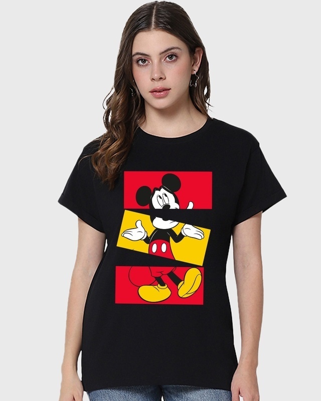 Shop Women's Black Blocked Mickey Graphic Printed Boyfriend T-shirt-Front
