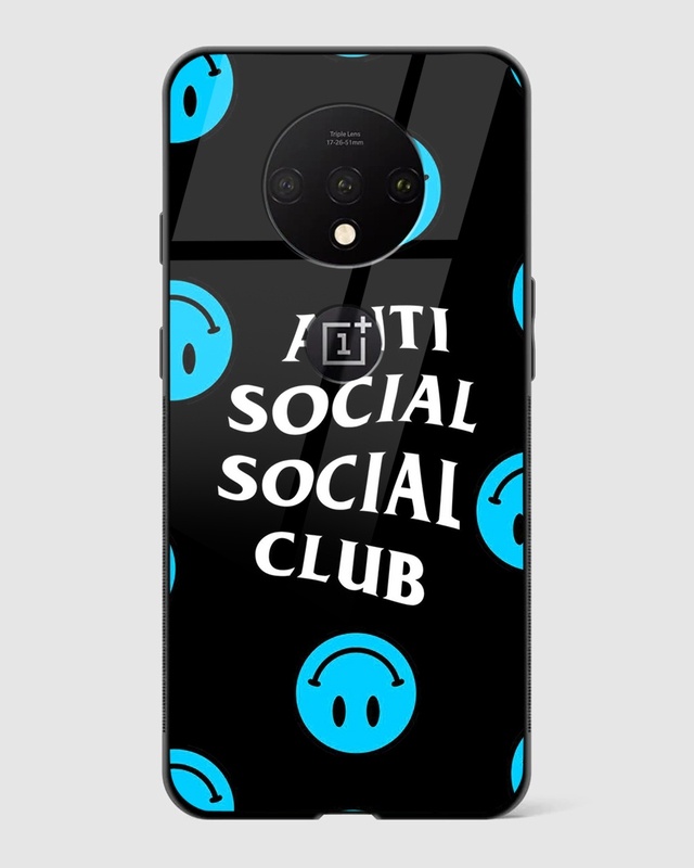 Shop Blue Anti Social Smiley Premium Glass Case for OnePlus 7T-Front
