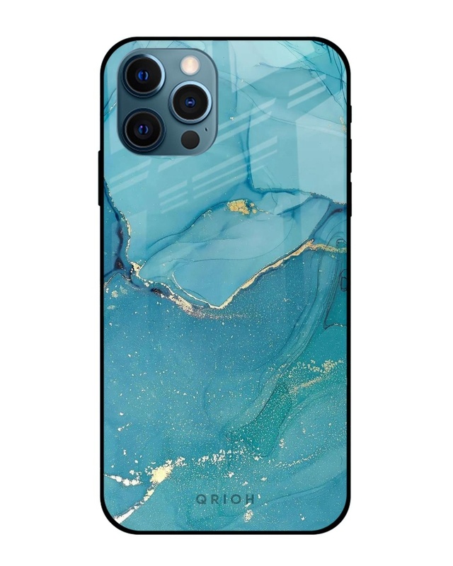 Shop Blue Golden Glitter Premium Glass Case for Apple iPhone 12 Pro Max (Shock Proof, Scratch Resistant)-Front
