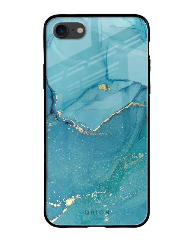 Shop Blue Golden Glitter Premium Glass Case for Apple iPhone SE 2020 (Shock Proof, Scratch Resistant)-Front