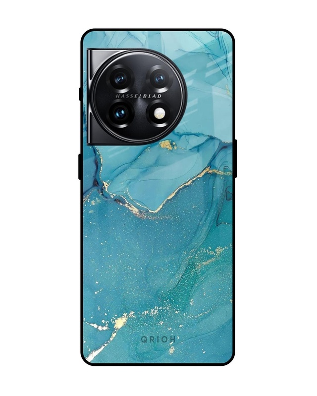 Shop Blue Golden Glitter Premium Glass Case for OnePlus 11 5G (Shock Proof, Scratch Resistant)-Front