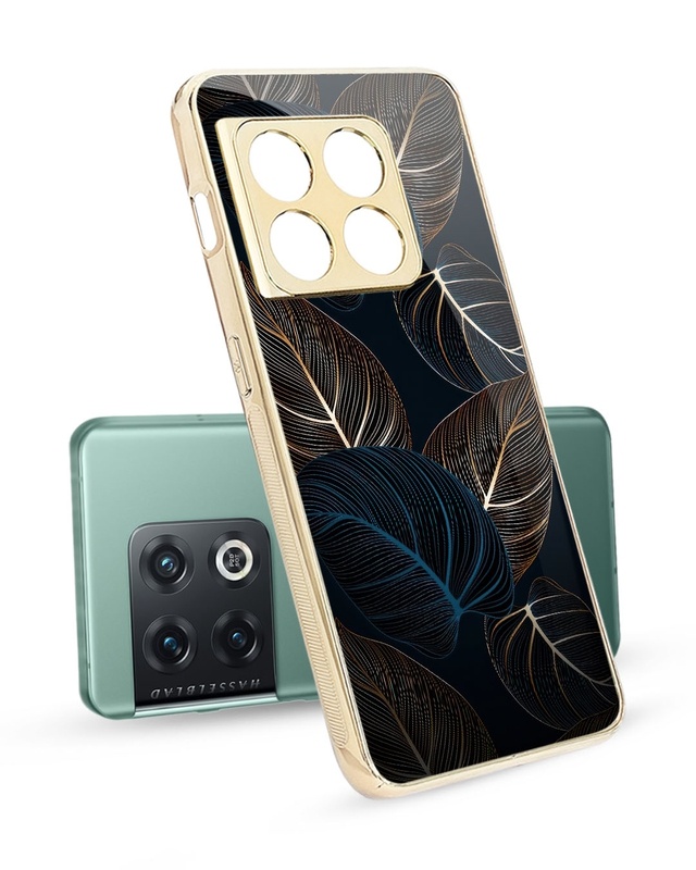 Shop Blue Golden Leaves Metallic Glod Premium Glass Case for OnePlus 10 Pro-Front