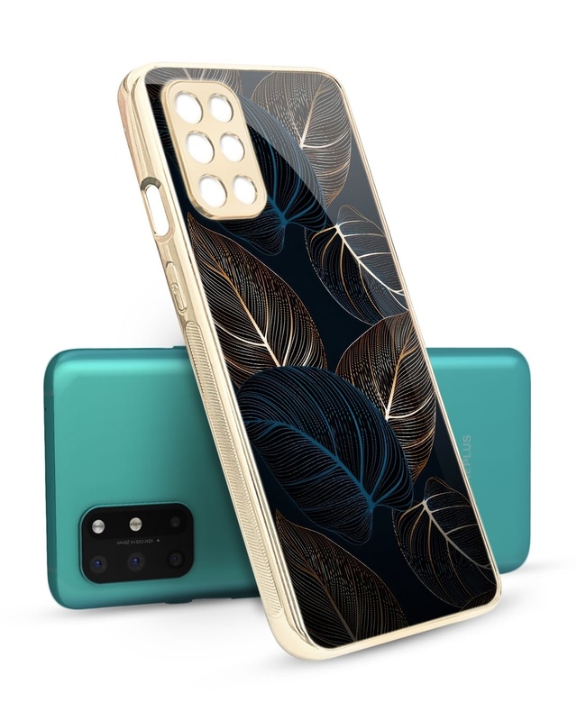 Shop Blue Golden Leaves Metallic Glod Premium Glass Case for OnePlus 8T-Front