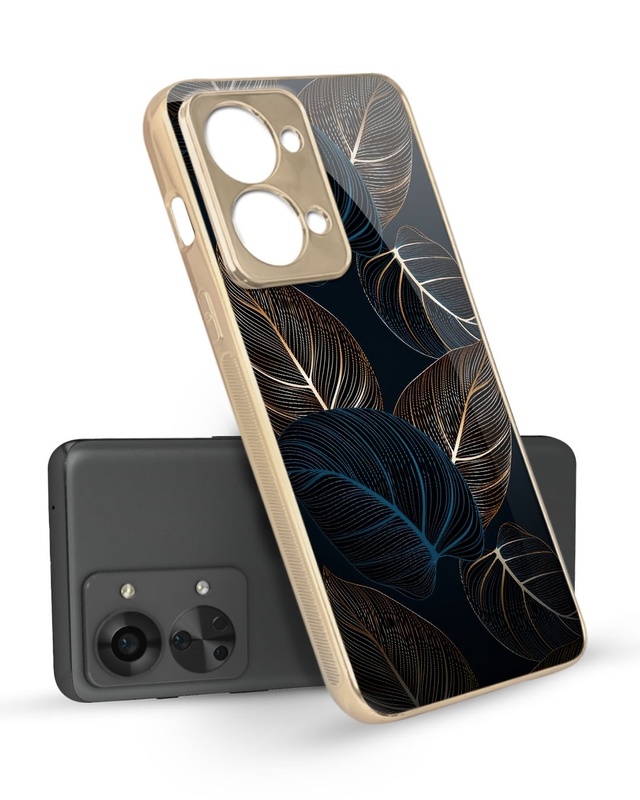Shop Blue Golden Leaves Metallic Glod Premium Glass Case for OnePlus Nord 2T 5G-Front
