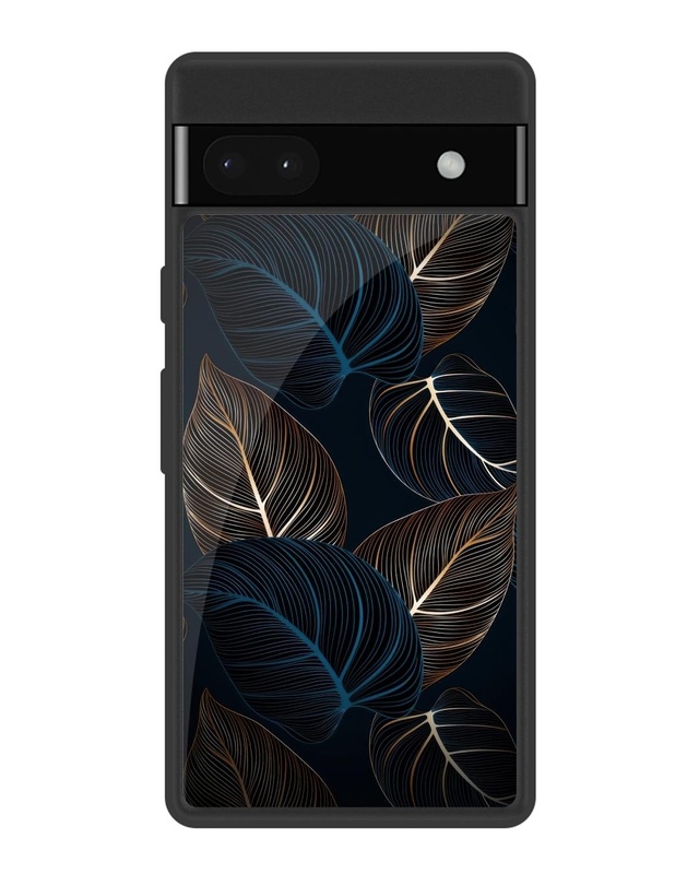 Shop Blue Golden Leaves Premium Glass Case for Google Pixel 6a (Shock Proof, Scratch Resistant)-Front