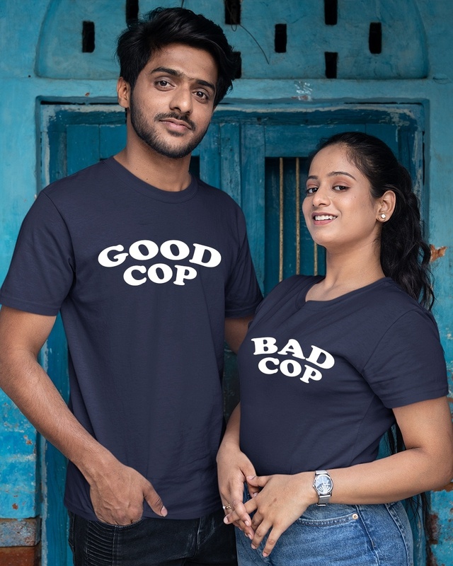 Shop Blue Good Cop Bad Cop Typography Couple T-shirt (Pack of 2)-Front