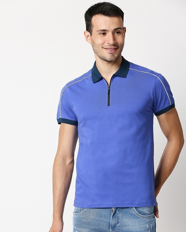 Shop Blue Shoulder Pipping Zipper T-Shirt-Front