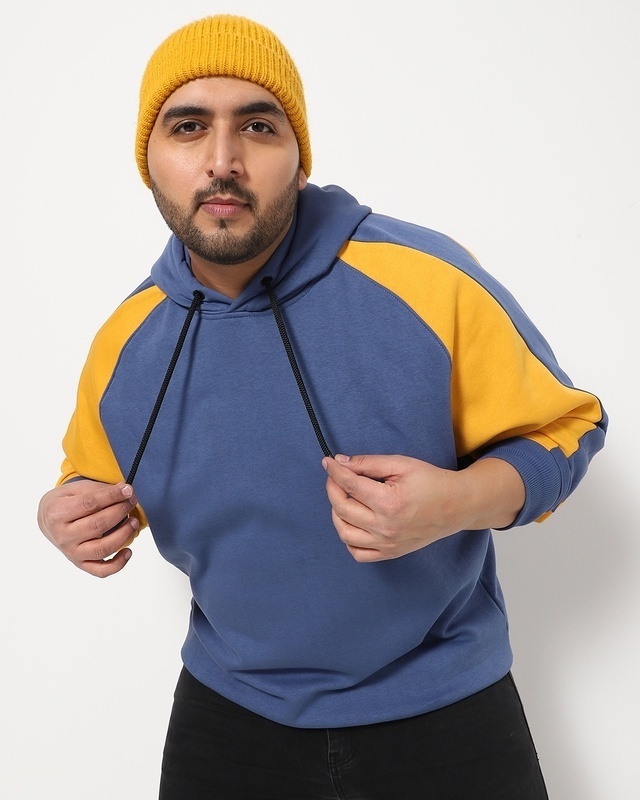 Shop Blue & Yellow Qurtz-Illuminating Plus Size Cut N Sew Hoodie Sweatshirt-Front