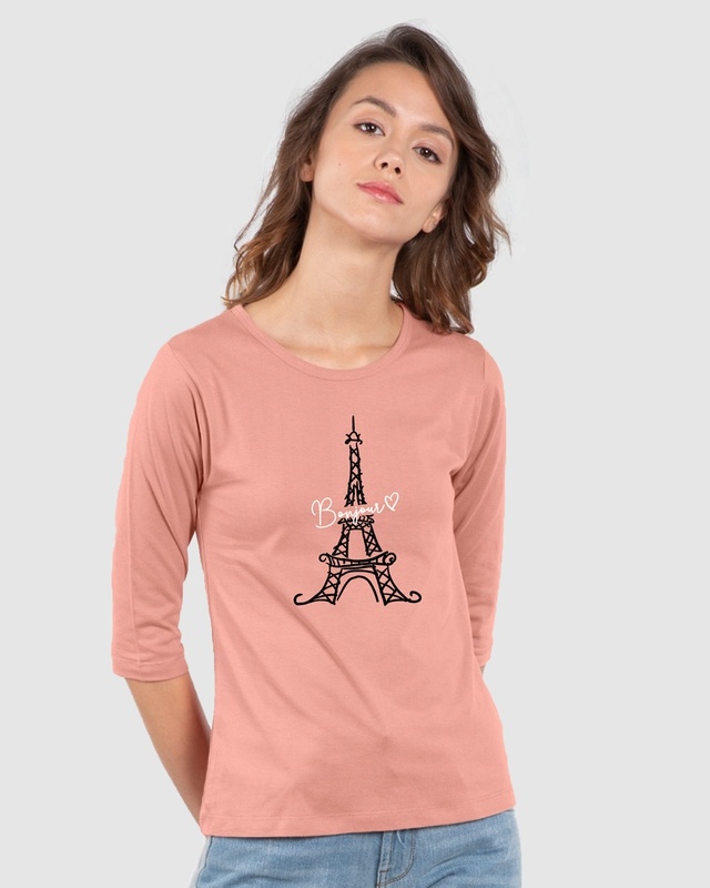 Shop Women's Pink Bonjour Paris Graphic Printed 3/4th Sleeve Slim Fit T-shirt-Front