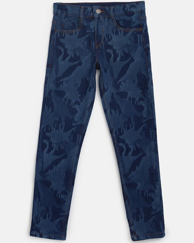 Shop Boys Blue Printed Slim Fit Jeans-Front