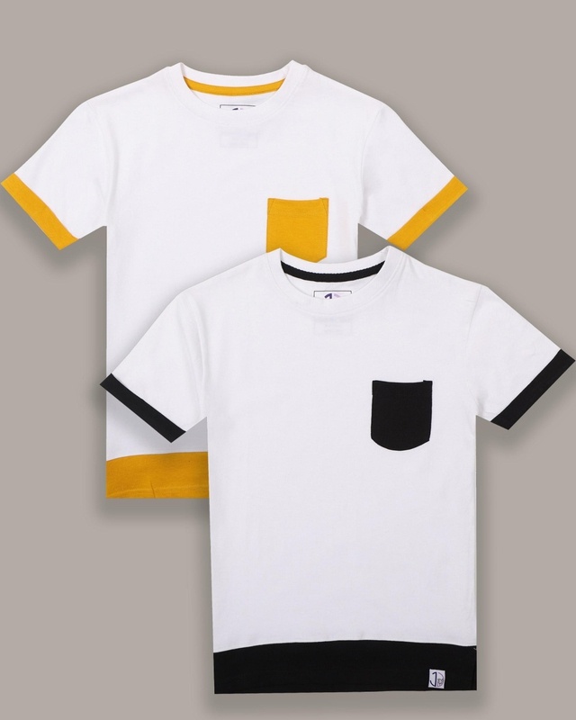 Shop Boys White & Yellow Color Block T-shirt (Pack of 2)-Front