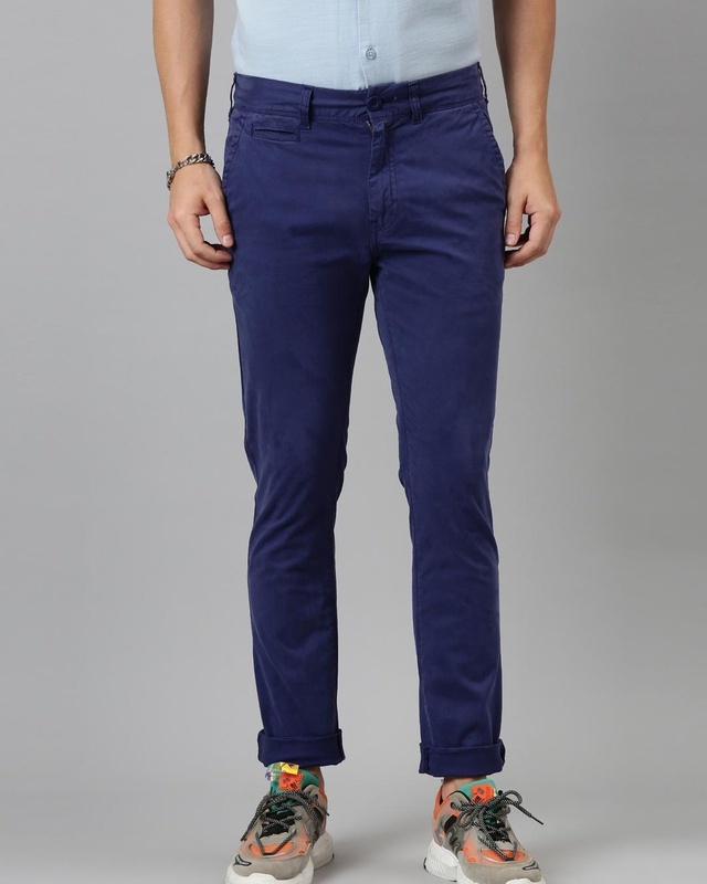 Shop Men's Blue Relaxed Fit Trousers-Front