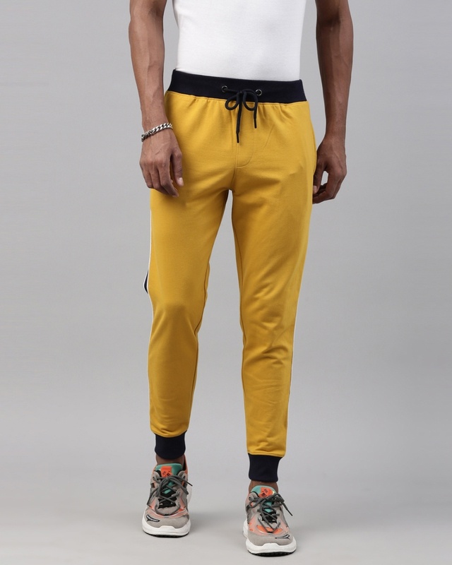 Shop Breakbounce Men's Yellow  Knitted Jogger with Side Tape-Front