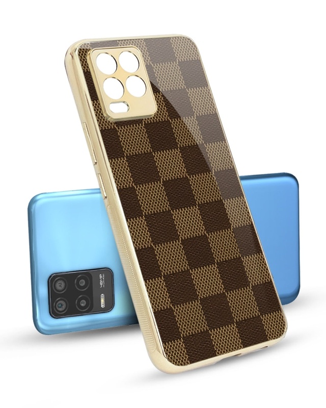 Shop Brown Block Metallic Gold Premium Glass Case for Realme 8-Front