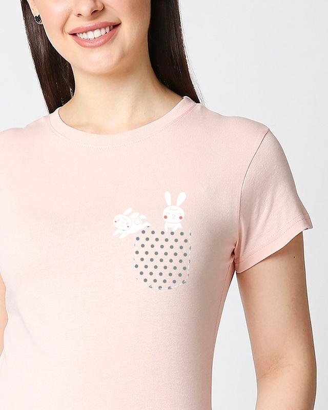 Shop Women's Pink Bunny Rabbit Pocket Printed T-shirt-Front