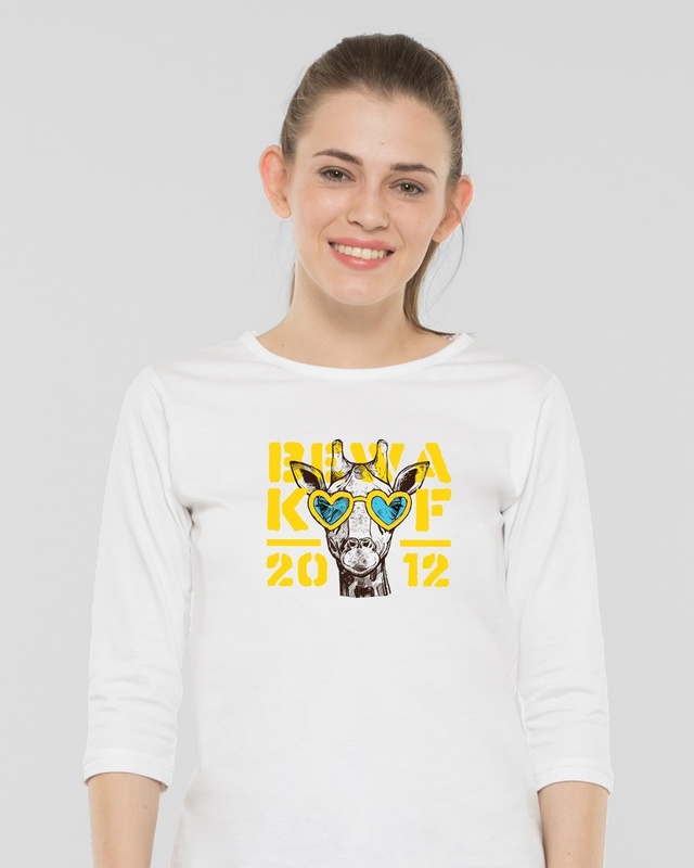 Shop Women's White BWKF Giraffe Printed 3/4th Sleeve Slim Fit T-shirt-Front