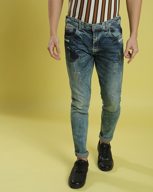 Shop Campus Sutra Men's Blue Dyed Slim Fit Jeans-Front